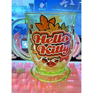 Hello Kitty Glass Mug Autumn Fall Leaves Colors 2024 Sanrio Clear Green Coffee